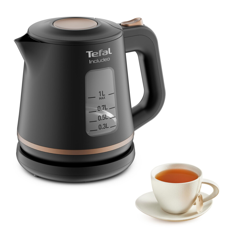 Tefal KI5338 Includeo Kettle | Capacity 1 Litre | Non-Slip Handle | Easy to Read Water Level | 360? Swivel Base | Removable Filter | Black/Copper