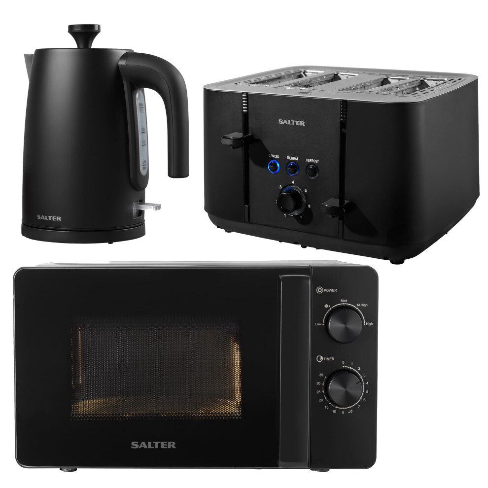 Salter COMBO-8686 Kuro Kettle Toaster Microwave Set ? Matching Kitchen Countertop Breakfast Set, Rapid Boil 1.7L 3kW Kettle, 4-Slice Anti-Jamming