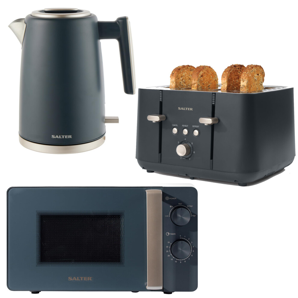 Salter COMBO-8687 Kettle Toaster Microwave Set - Marino Blue-Grey, Rapid-Boil 1.7L Kettle (3kW), 4-Slice Anti-Jamming Toaster, 20L 800W Microwave-image-OPC-PG7K7KT-NEW