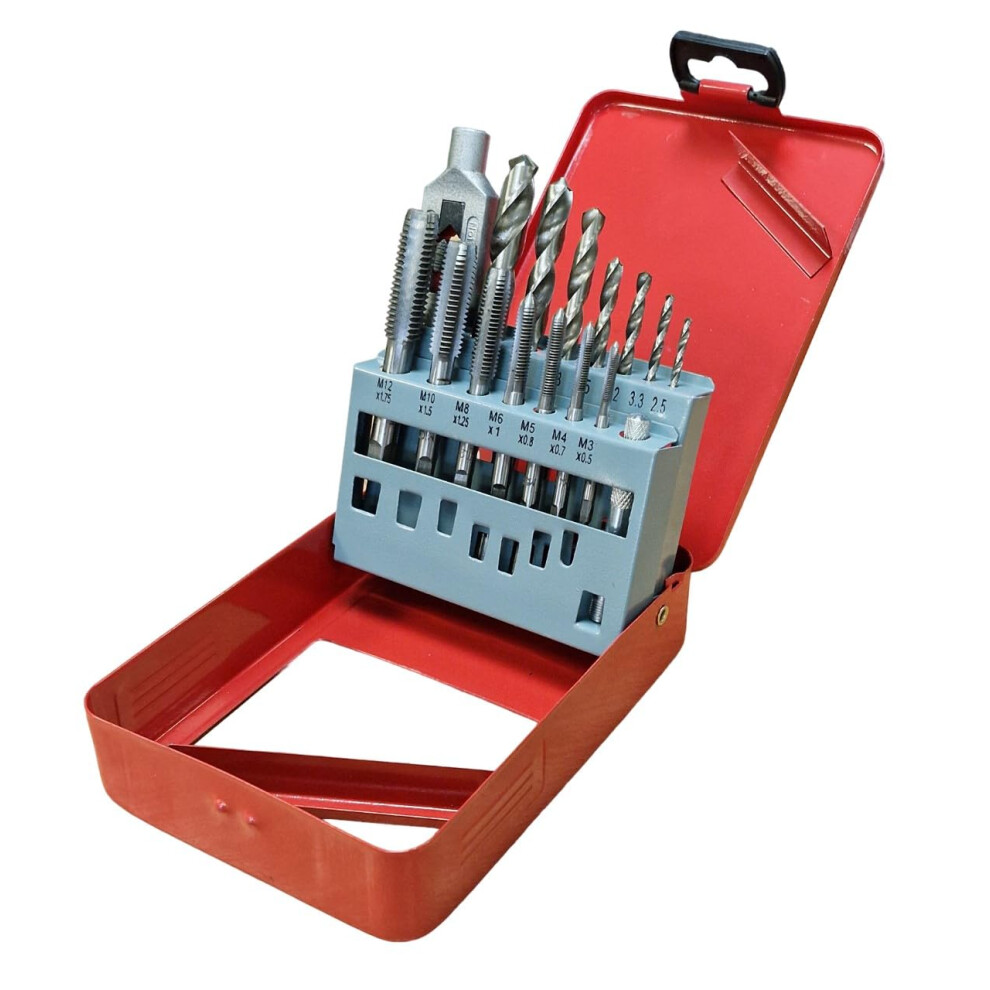 Pti 15Pcs Threading Taps Set Metric M3-M12 Alloy Steel Hand Thread Repair Tools With Tap Wrench, Hss Twist Drill Bits Heavy Duty Jobber Drills Kit 5055172702868