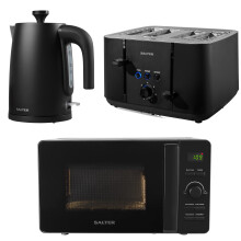 Salter COMBO-8801 Kuro Matching Kitchen Countertop Breakfast Set, Rapid Boil 1.7L 3kW Kettle, 4-Slice Anti-Jamming Toaster, 20L 800W Digital Dial