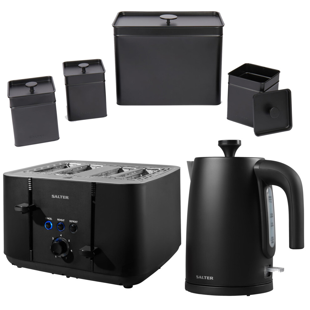 Salter COMBO-8859 Kuro Set ? with Storage Canisters, Bin, Tea/Coffee/Sugar Tins, 1.7L Fast Boil Kettle, 4-Slice Toaster, Self-Centring Bread Guides,