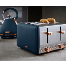 TOWER Cavaletto 1.7L 3 KW Pyramid Kettle and 4 Slice 1600W Toaster. Matching Kettle & 4 Slice Toaster Set in Midnight Blue & Rose Gold