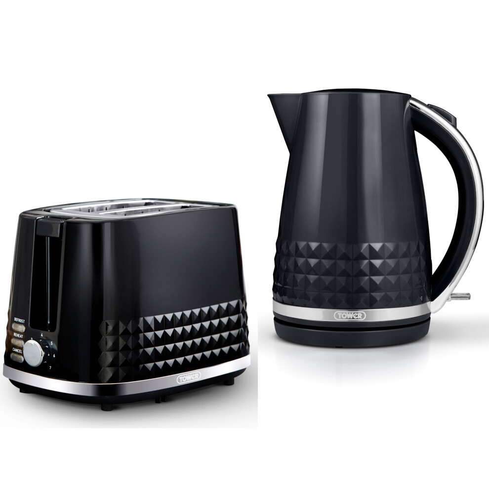 Tower Solitaire 1.5L 3Kw Jug Kettle & 2 Slice Toaster. Matching Modern Design Kettle & Toaster Set In With Chrome Accents Black
