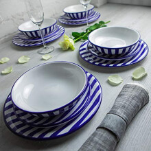 City to Cottage Navy Blue Striped Handmade Hand Painted Ceramic 12 Piece Tableware Set | Navy Blue Striped Dinnerware Service for 4 | Dinner Plates |