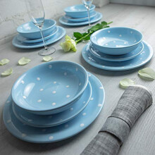 City to Cottage Light Sky Blue and White Handmade Hand Painted Ceramic 12 Piece Tableware Set | Polka Dot Spotty Dinnerware Service for 4 | Dinner