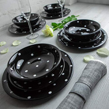City to Cottage? Black and White Handmade Hand Painted Ceramic 12 Piece Tableware Set | Polka Dot Spotty Dinnerware Service for 4 | Dinner Plates |