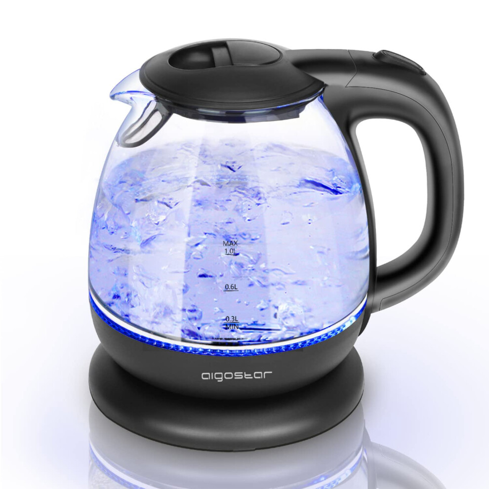Aigostar Small Electric Kettle, 1.0L Black Glass Kettle Cordless, Compact Mini Clear Water Tea Kettle Fast Quiet Boil for Kitchen Bedroom Office,