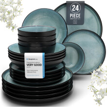 24 Piece Dinner Sets for 6 People - Beautiful Mediterranean Style Stoneware Dinner Set for 6 - Dishwasher & Microwave Safe Plates and Bowls Set for 6