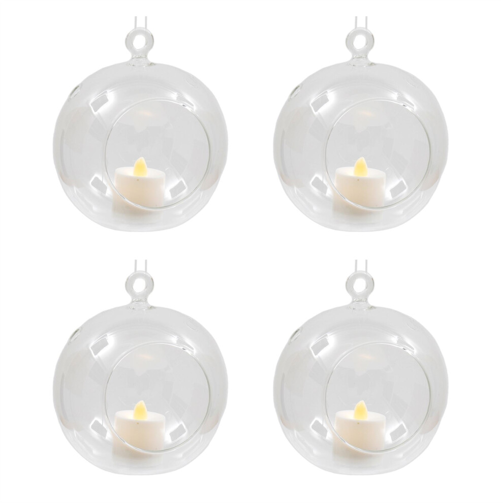 Set of 4 Glass Bauble Tealight Hanging Glass Ball Tea Light Holders & LED Candle