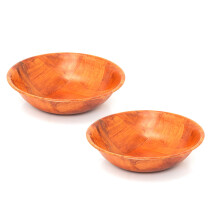 Set Of 2 Round Wooden Woven Bowl | Wood Kitchen Fruit Snack Salad Picnic Bowl