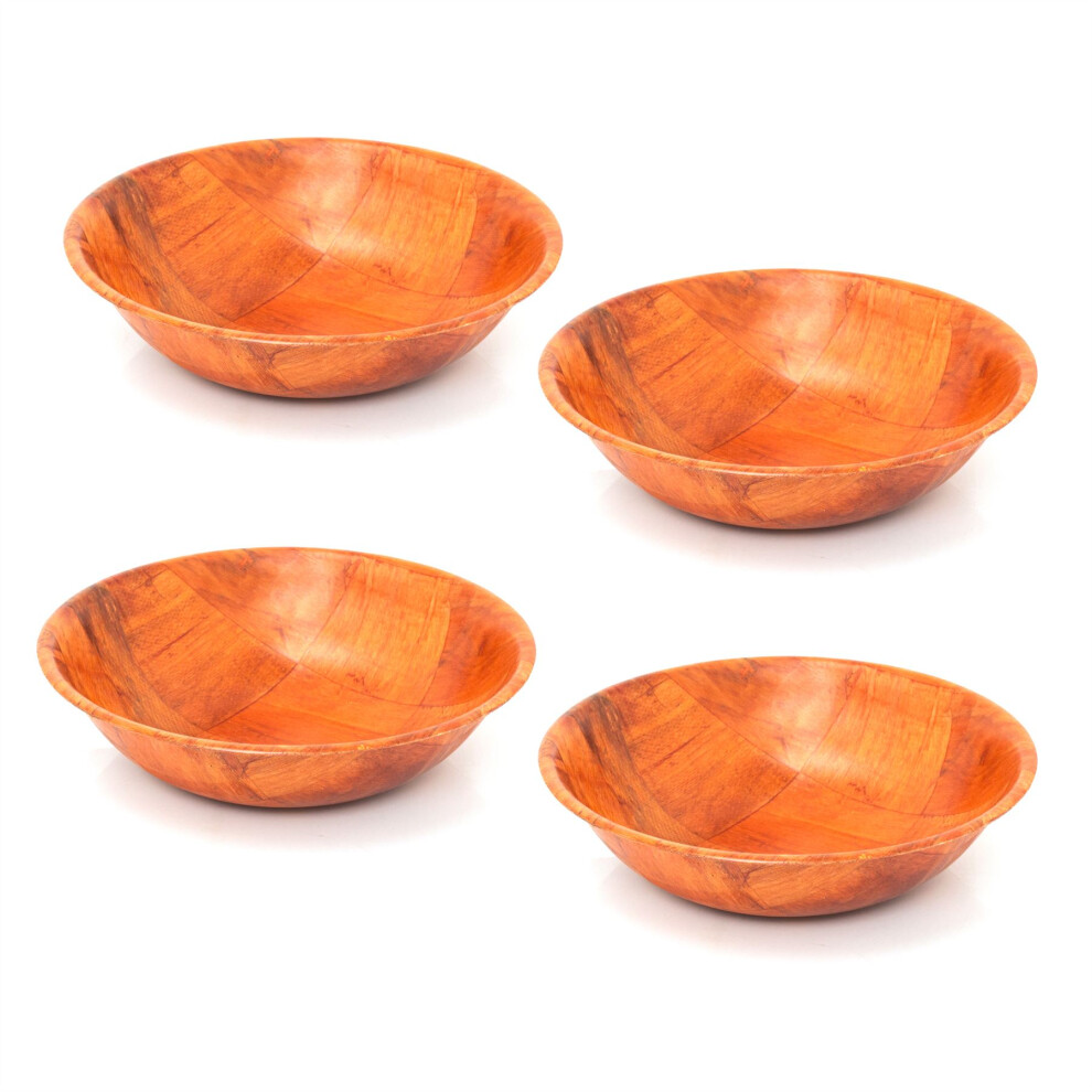 Set Of 4 Round Wooden Woven Bowl | Wood Kitchen Fruit Snack Salad Picnic Bowl