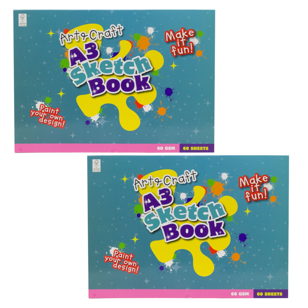 Pack of 2 Kids A3 Art & Craft Sketchbooks | A3 White Paper Large Drawing Pads
