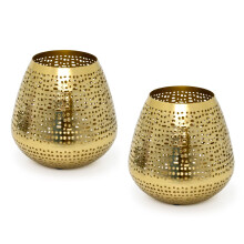 Set of 2 Matt Gold Tealight Candle Holders | Antique Style Candle Lanterns 15cm