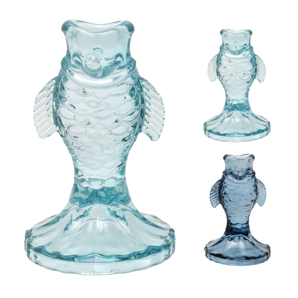 Nautical Glass Fish Candle Holder | Seashore Blue Fish-shaped Candlestick 12cm