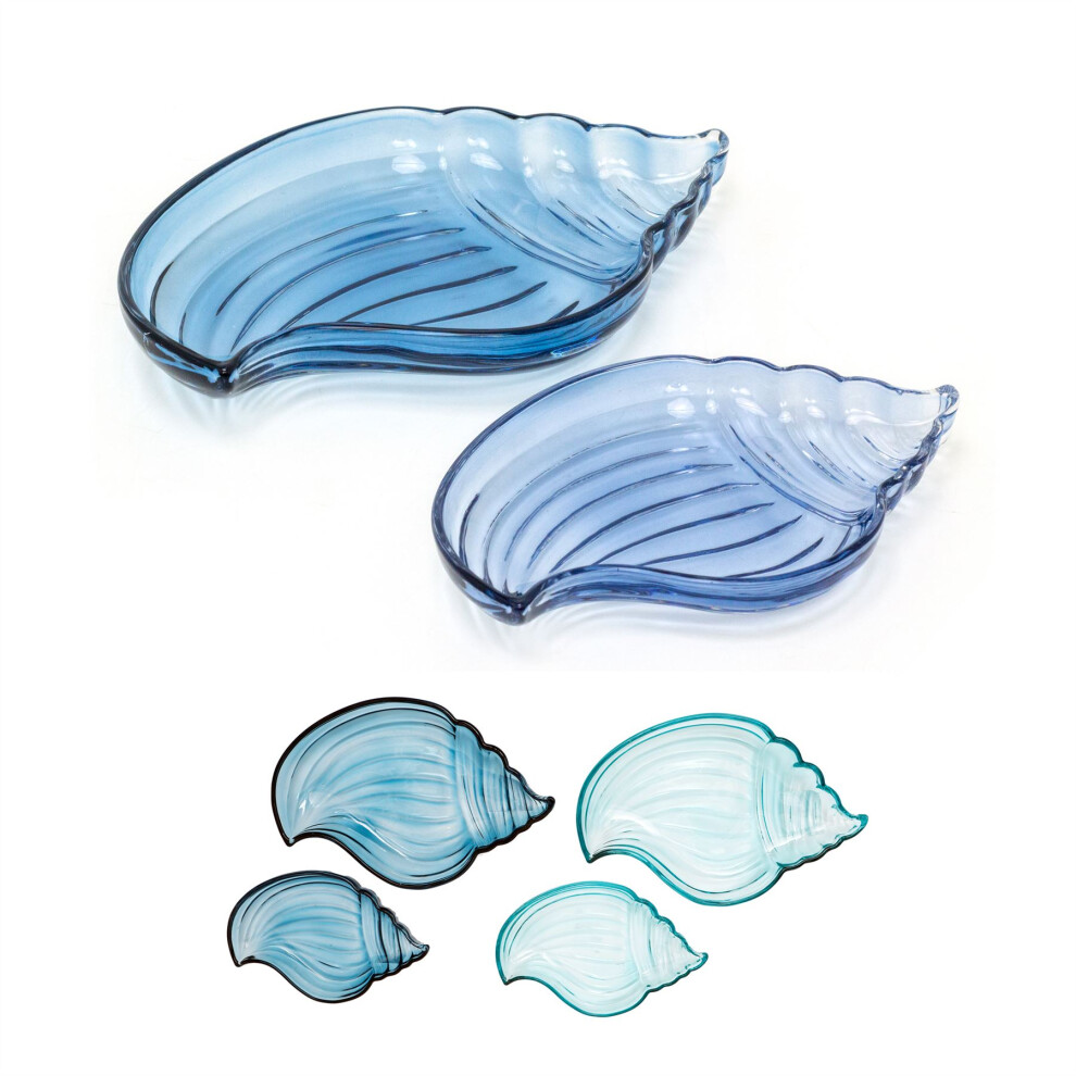 Set of 2 Shell Shaped Glass Trinket Dishes | Blue Seashell Trays - 2 Piece Set