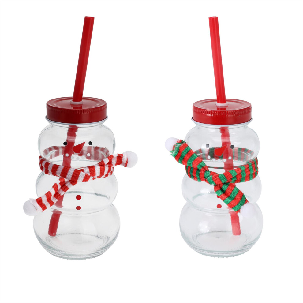 Pack of 2 Snowman-Shaped Glass Drinking Jar with Lid & Straw Christmas Mason Jar