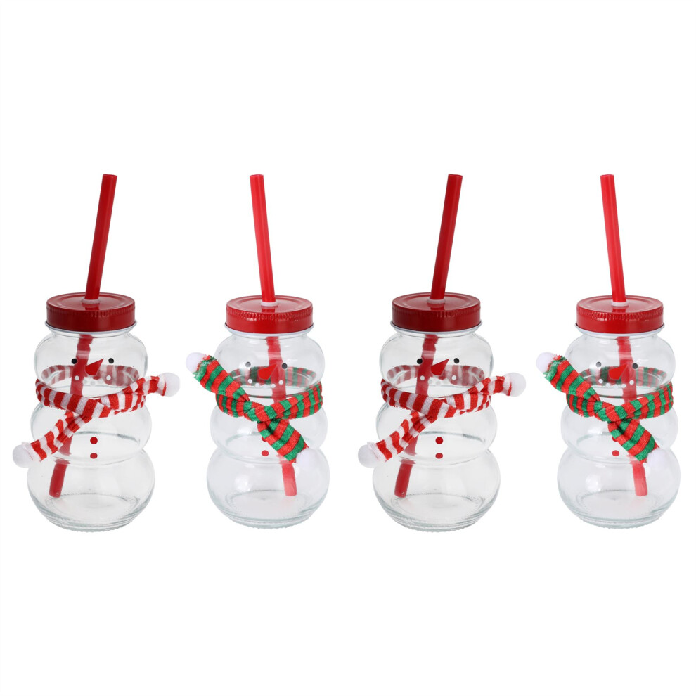 Pack of 4 Snowman-Shaped Glass Drinking Jar with Lid & Straw Christmas Mason Jar