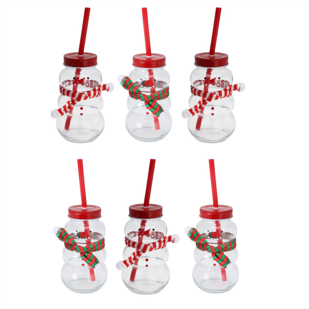 Pack of 6 Snowman-Shaped Glass Drinking Jar with Lid & Straw Christmas Mason Jar
