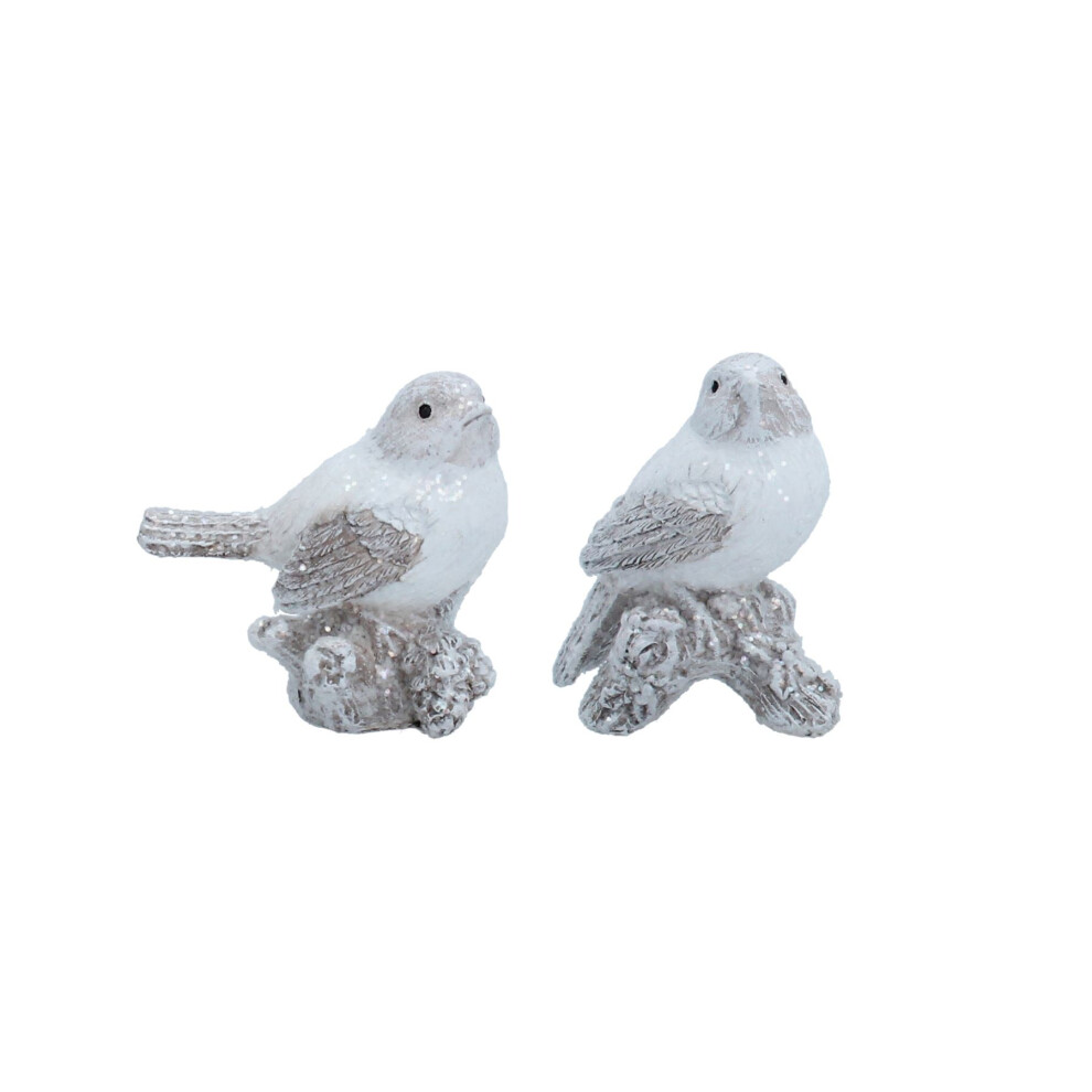 Carousel Winter Bird Ornament | Resin Bird On Log Figurine Christmas Statue - 7X9cm White