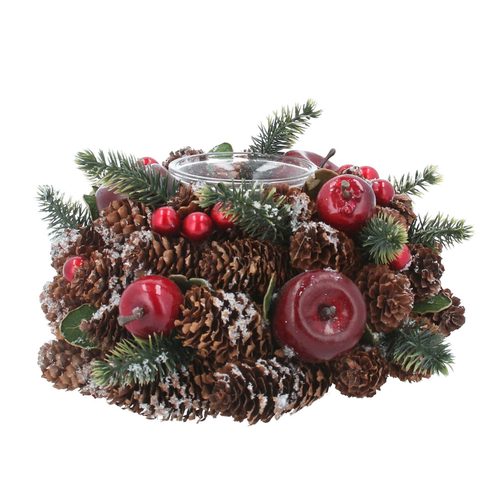 Carousel Christmas Tealight Candle Holder | Pinecone & Fruit Wreath Centrepiece - 16Cm