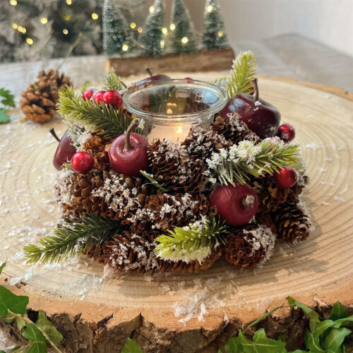 Carousel Christmas Tealight Candle Holder | Pinecone & Fruit Wreath Centrepiece - 16cm 2