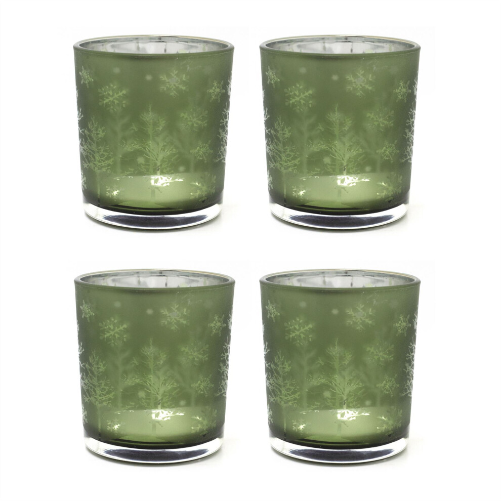 Carousel Pack Of 4 Frosted Tree Christmas Tealight Holders | Glass Candle Holders - 8Cm