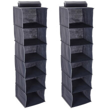 Pack of 2 Grey Fabric Hanging Storage 6 Compartments | Wardrobe Shelves - 120cm