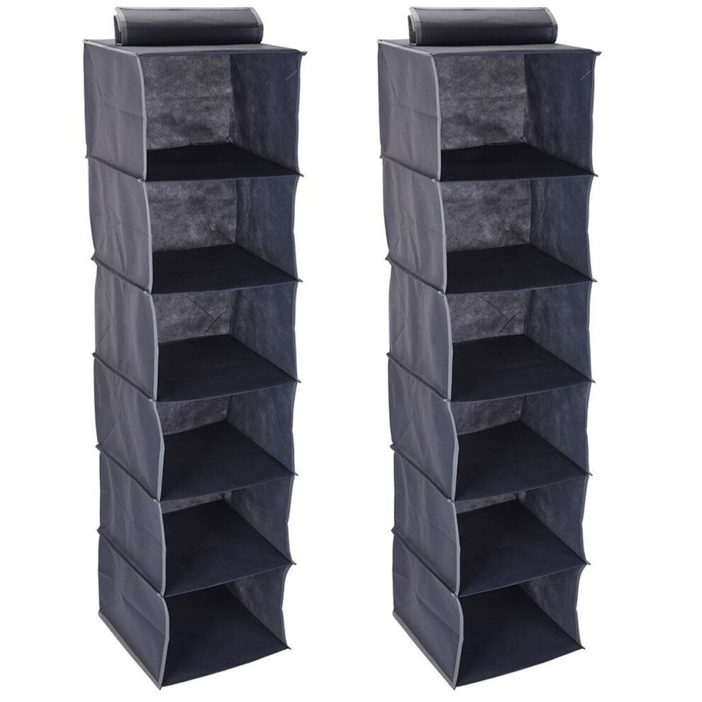 Pack of 2 Grey Fabric Hanging Storage 6 Compartments | Wardrobe Shelves - 120cm
