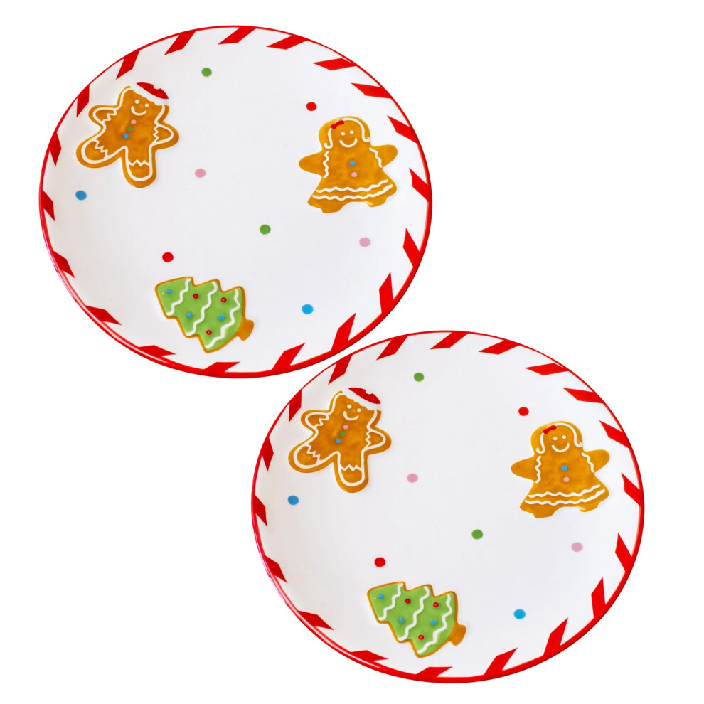 Carousel Pack Of 2 Ceramic Christmas Gingerbread Plate | Festive Dish Snack Plate - 20Cm