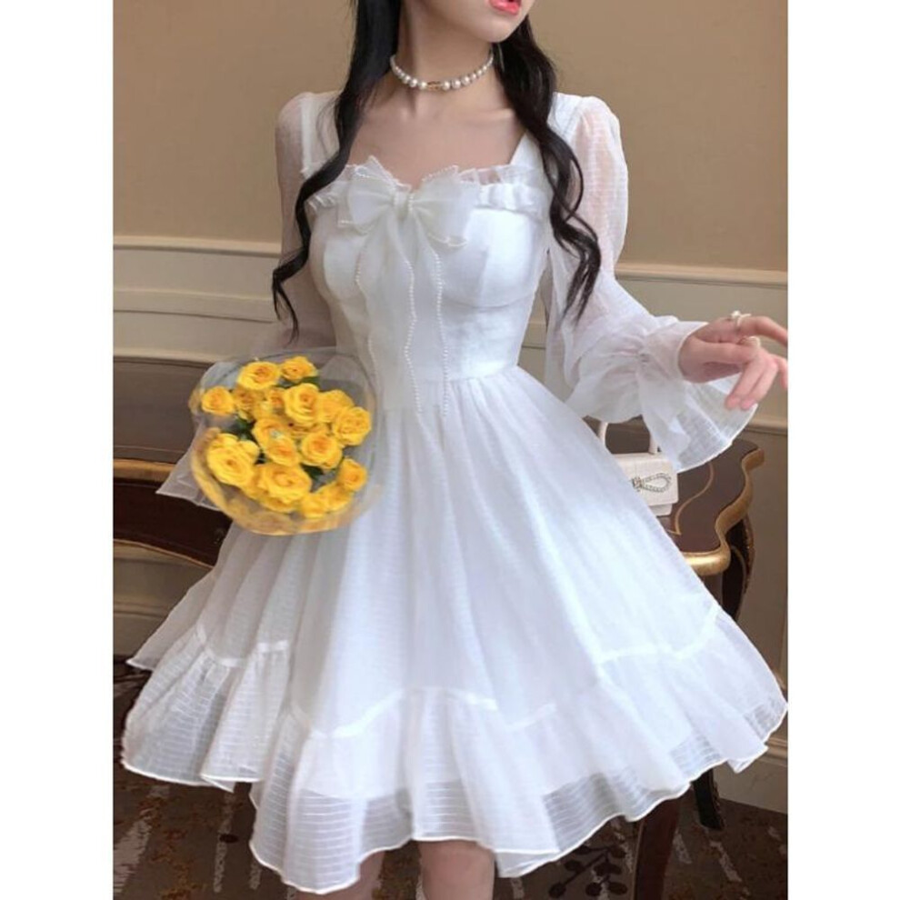 (white, L) White Kawaii Dress Women Chiffon Lolita Style Long Sleeve Mini Dresses Bow Fairy Robe Ruffles Patchwork Square Collar