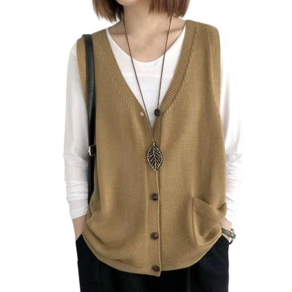 (yellow) Women Knitting Vest V-neck Sleeveless Single Breasted Warm Waistcoat Solid Color Loose Fit Knitted Tank Tops With Pockets