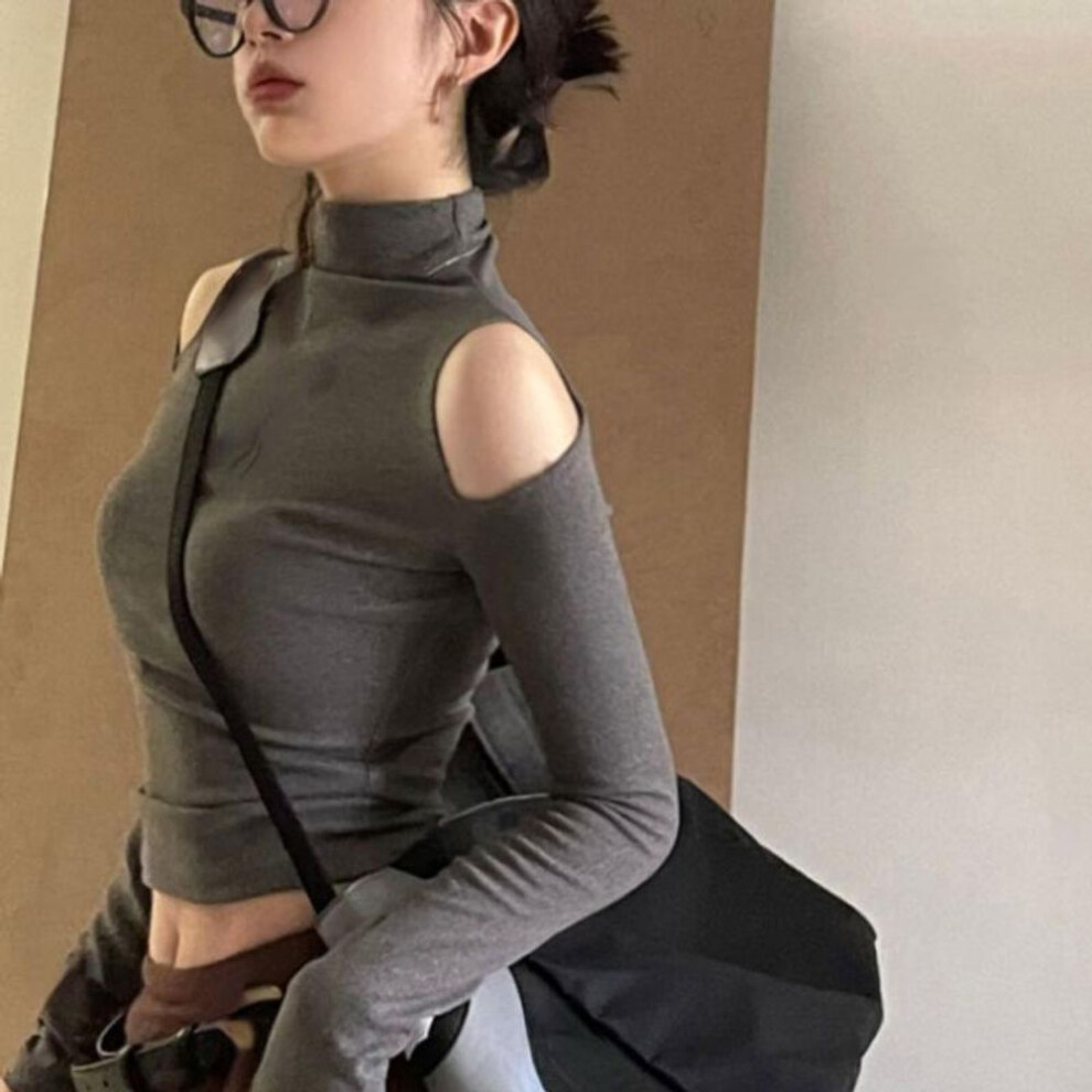 (grey, L) Y2K Vintage Solid Turtleneck T Shirts Women Gothic Sexy Slim Crop Tops Elegant Hollow Out Long Sleeve Bottoming Tees 2023 Autumn