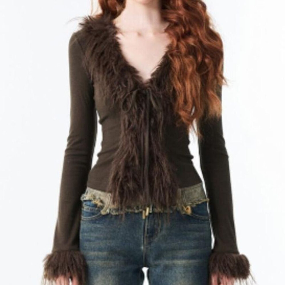 (brown, XL) Korean Sexy Fashion Grunge Cardigan Y2k Aesthetic V-neck Jacket Women Harajuku Vintage Bandage Fur Patchwork Coat 2023 Autumn
