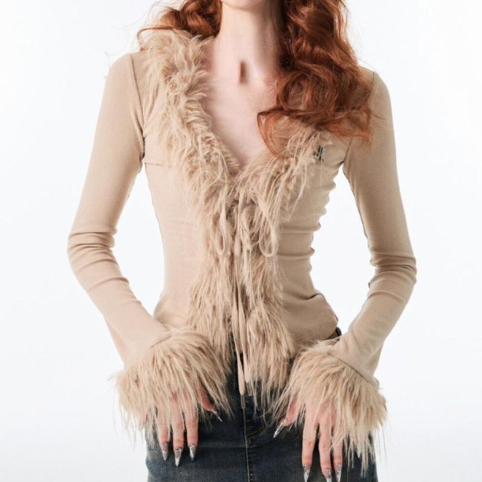 (yellow, L) Korean Sexy Fashion Grunge Cardigan Y2k Aesthetic V-neck Jacket Women Harajuku Vintage Bandage Fur Patchwork Coat 2023 Autumn