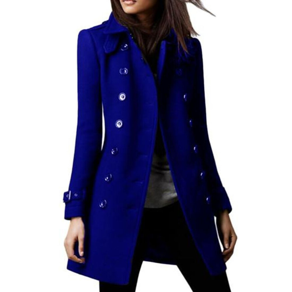 (blue, M) Women Autumn Winter Lapel Long Sleeve Woolen Coat Double Breasted Solid Color Mid-length Suit Jacket Streetwear