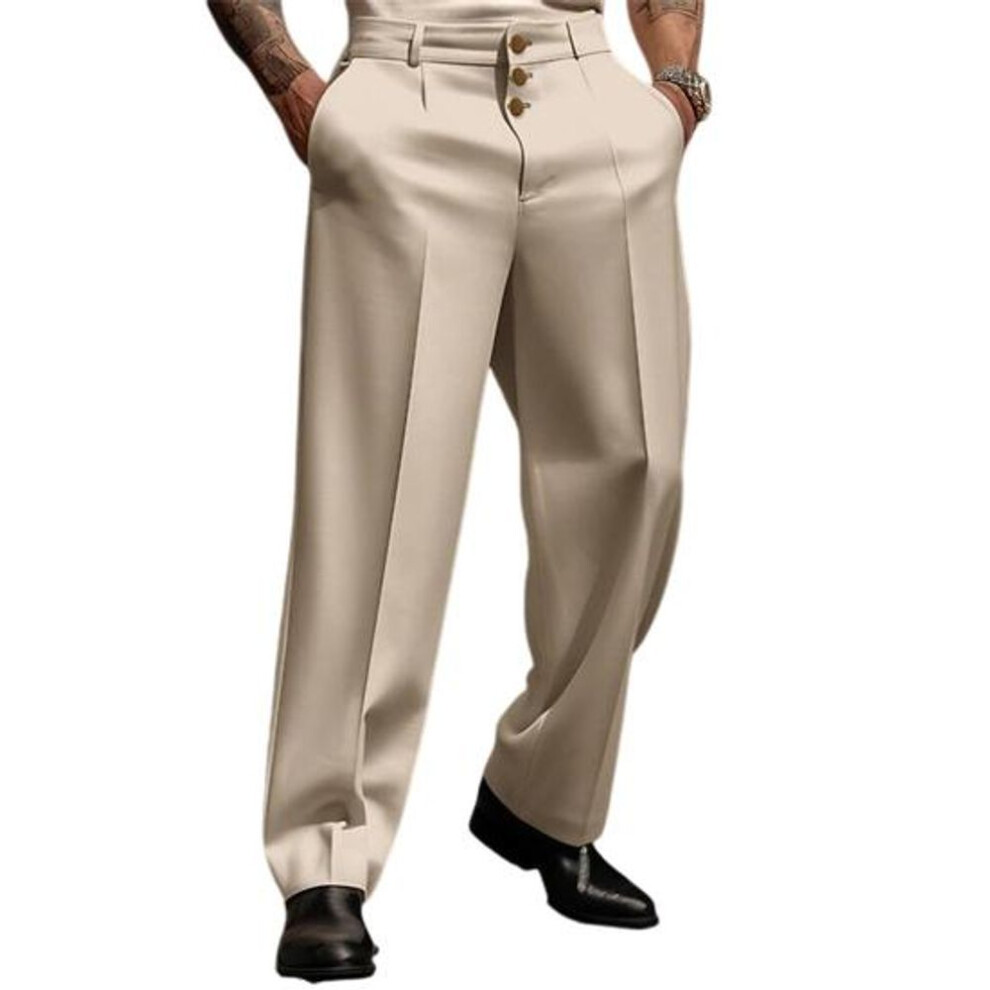 (khaki, 3XL) Men Suit Pants Straight Loose Solid Color Soft Pockets Mid Waist Button Closure Formal Business Style Men Long Office Trousers
