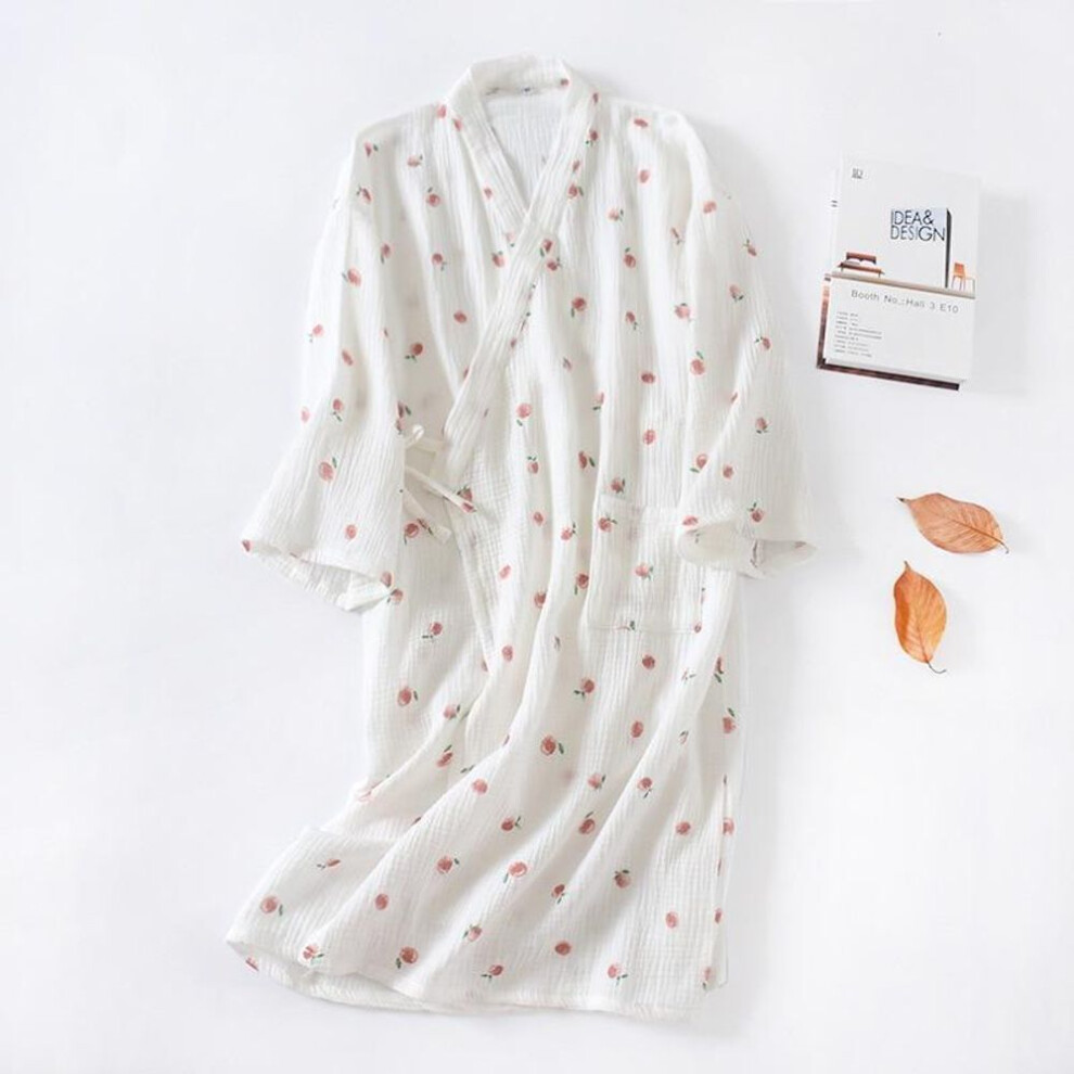 (M, white) Japanese Kimono Spring And Autumn Ladies Cotton Crepe Cloth Nightgown Pajamas Bathrobe Household Clothes Spring And Summer Robe