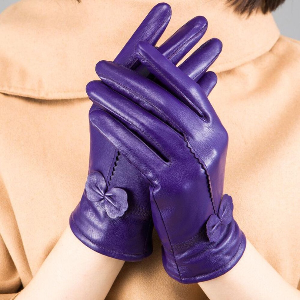 (violet) Ladies Leather Gloves Solid Color Autumn Winter Warm Protection Gloves Outdoor Accessories