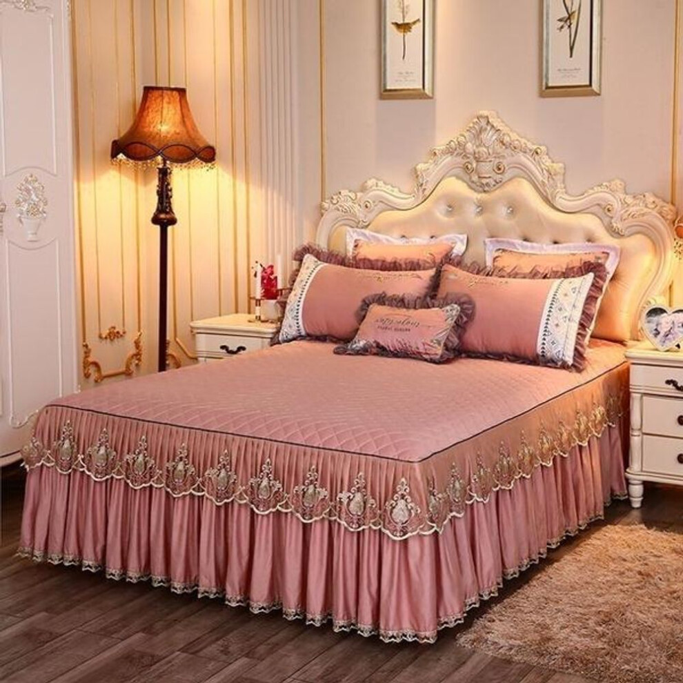 (deep peach, Skirt sheet 180x200cm) Bedding Sets Textile Princess Lace Quilted Bedcover Bedspread Polyester Cotton Luxury Bed Cover Skirts Bedspread Polyester Cotton
