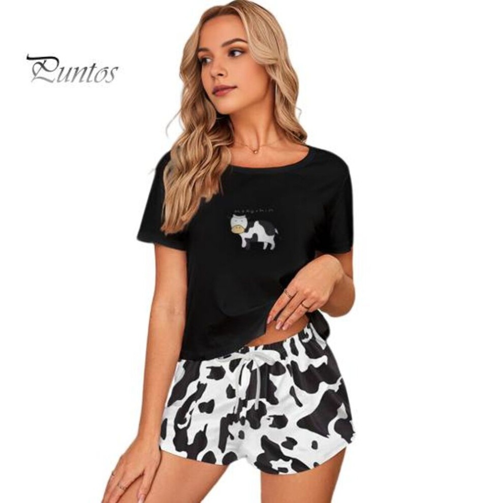(L, black) 2 Pcs/set Women Pajamas Set Short Sleeve O Neck Cartoon Cow Print T-shirt Drawstring Elastic Waist Short Pants Homewear Top Shorts Set Lady Summer