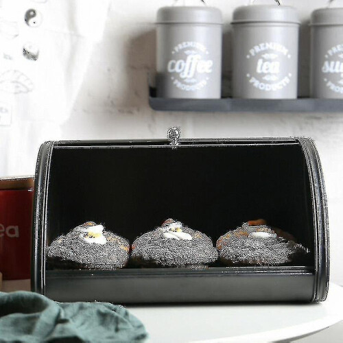 (Black) Metal Bread Box Bin Kitchen Storage Containers Roll Top Lid Kitchenware Storage 2