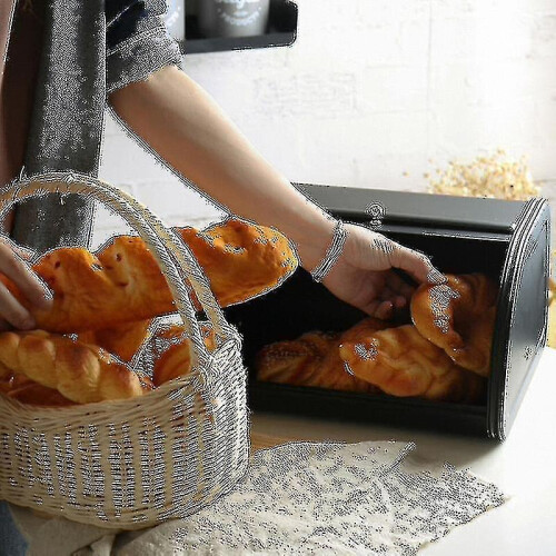 (Black) Metal Bread Box Bin Kitchen Storage Containers Roll Top Lid Kitchenware Storage 1