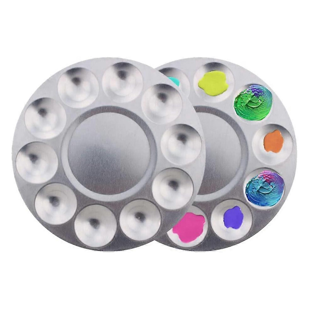 2Pcs 10 Wells Aluminium Palette Round Paint Tray Palettes for DIY Craft Professional Art (D-583-A)