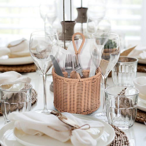 Table Cutlery Rattan Wicker Basket Table Carry Handle Knife Fork Spoon Napkin 1