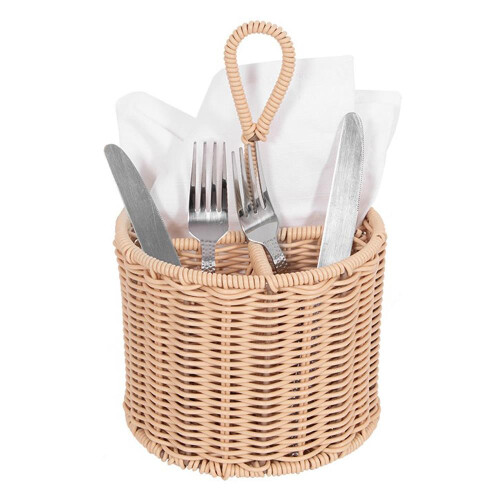 Table Cutlery Rattan Wicker Basket Table Carry Handle Knife Fork Spoon Napkin 2