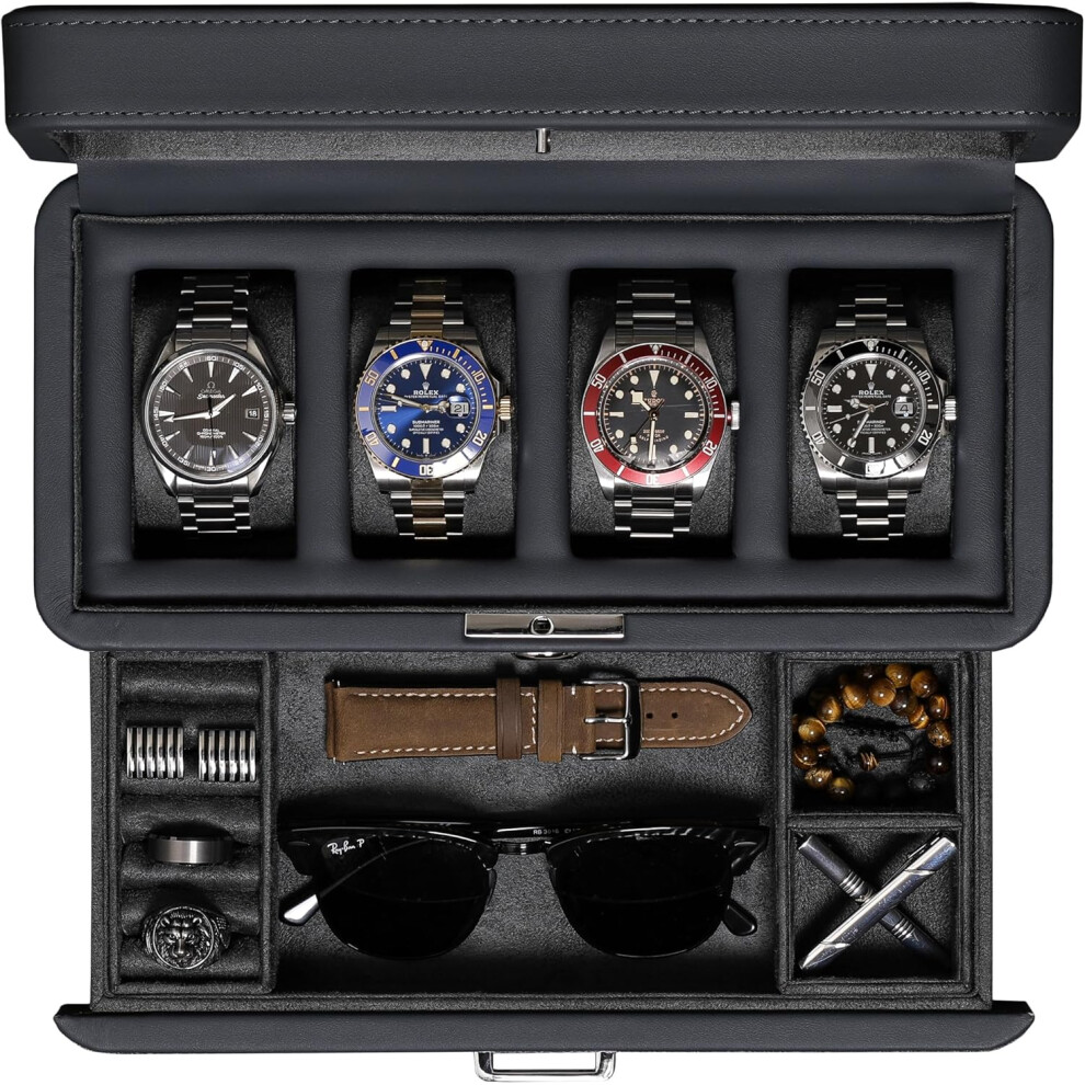 (Carbon) 4 Slot Leather Watch Box with Valet Drawer - Luxury Watch Case Display Jewelry Organizer, Locking Watch Display Case Holder with Real Glass Top