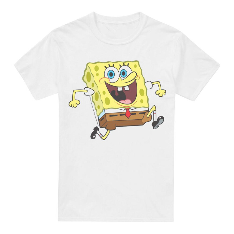 (S, White) SpongeBob SquarePants Mens Happy Running T-Shirt