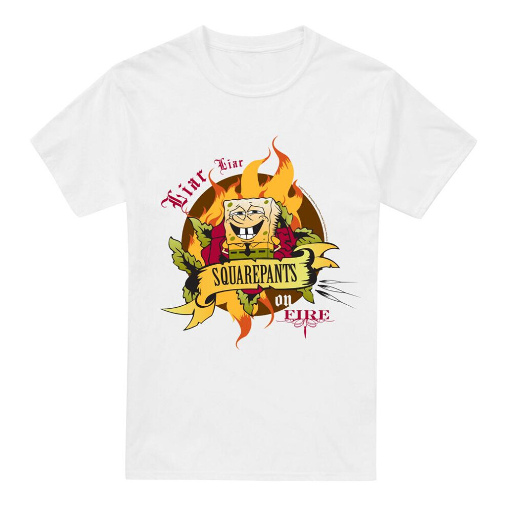 (S, White) SpongeBob SquarePants Mens Liar Liar Pants On Fire T-Shirt