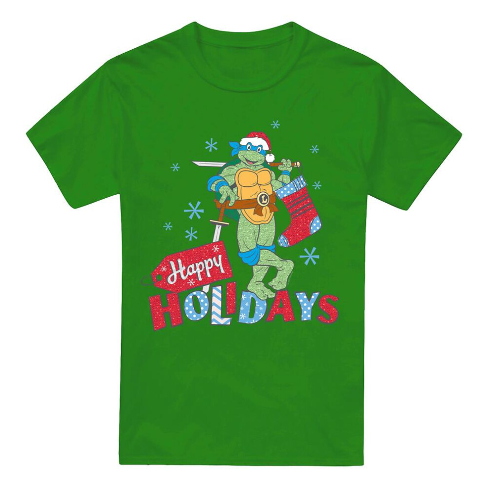 (M, Kelly Green) Teenage Mutant Ninja Turtles Mens Happy Holiday Sparkle Christmas T-Shirt
